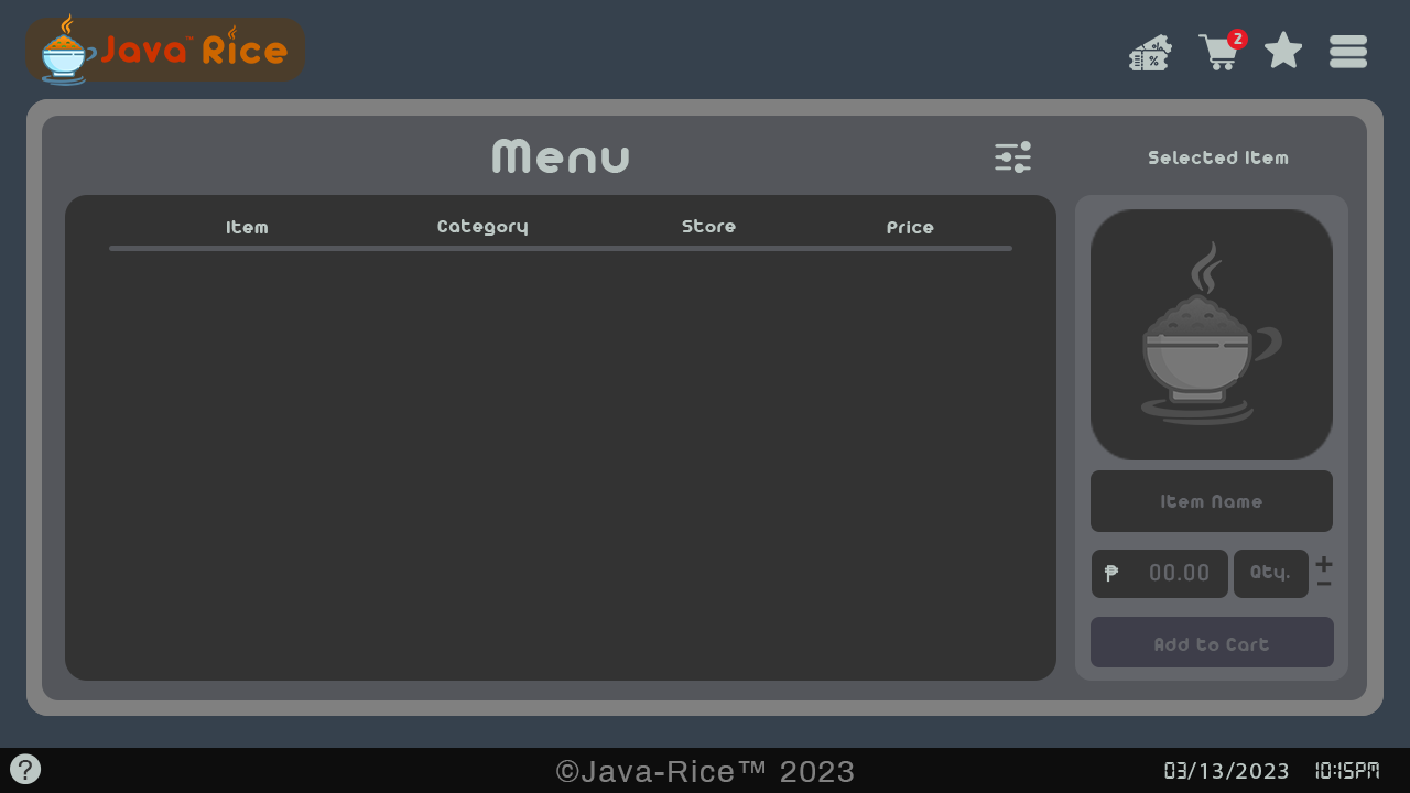 Java Rice Menu Screen